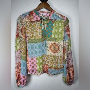 Maison D’Amelie Bohemian Print Blouse Metallic Gold with Tie Neck‎ Size XS